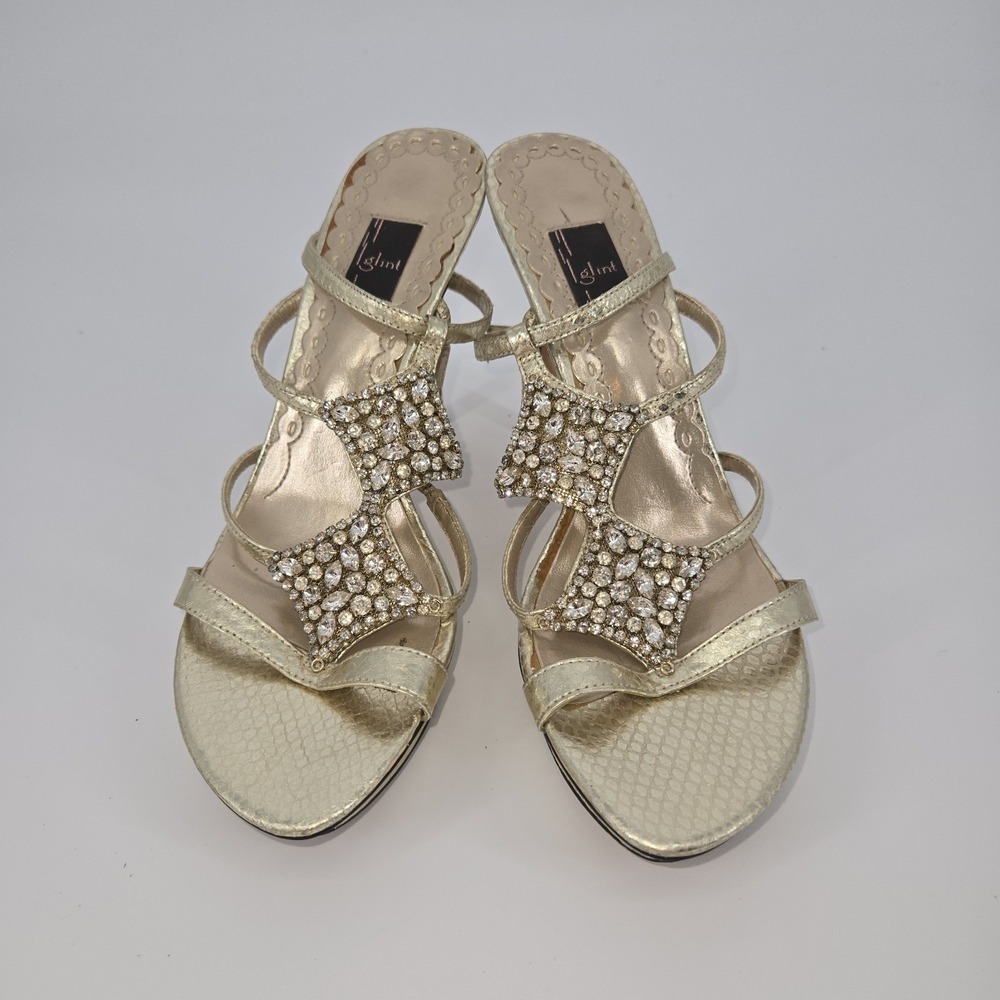 Glint Gold Rhinestone Platform Sandals Women's 8.5M Leather Heels Rhinestone Ver